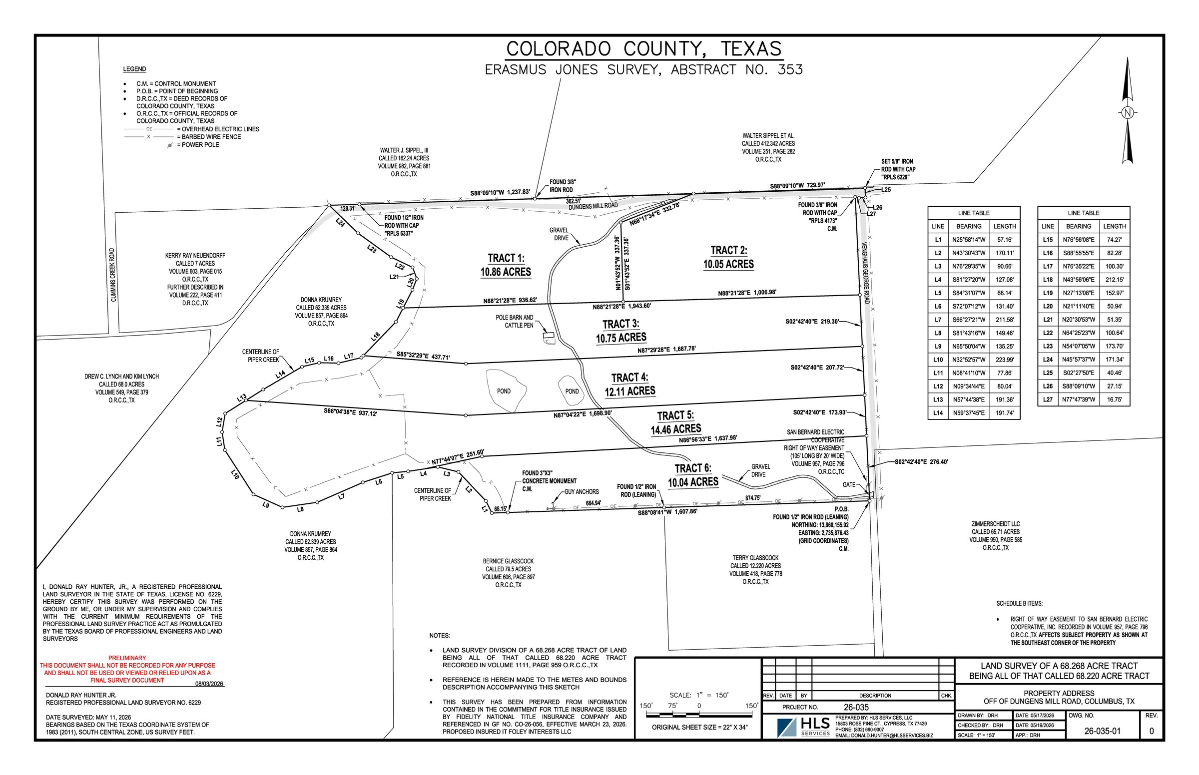 Piper Creek Ranch Estates preliminary plat showing all six tracts with metes and bounds